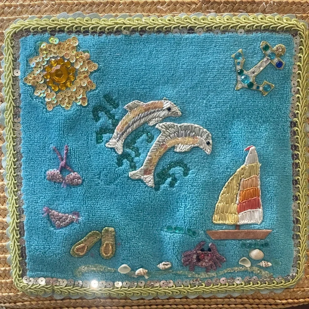 Straworld Straw Woven Beach Bag Ocean Dolphins Boat Tote​​ Coastal Grandmother - Picture 3 of 8